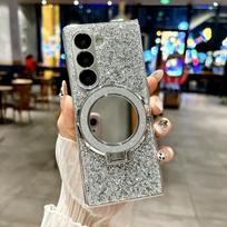 Applicable to Samsung Zfold7 mobile phone case folding screen Galaxy z fold5 protective case makeup mirror holder glitter samsung galaxy z fold 7 gray