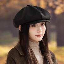 Autumn hat women's high-end octagonal hat big head circumference showing face small beret elegant temperament newsboy hat One Size black