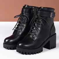Žieminiai moteriški batai Nauji raišteliais užrišami batai moterims Madingi su storu kulnu Šoninis užtrauktukas Ankle boots Šilti moteriški motociklininkų batai 35 black