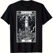 Vintage Gothic Tarot XIII Shirt Heavyweight Cotton TShirt with Lighthouse Moon Tower XIII Art  Occult Clothing for Men Women S black