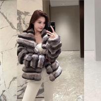 Winter new high-end imitation Rex rabbit hair warm lapel fashionable lady chinchilla fur short coat women M recommended (85-57kg) gray
