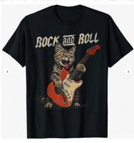 Rock Guitar Cat Vintage Rock Guitarist Cat Print Comfortable Sport T-Shirt Fitness Rock T-Shirt - Men's Summer Cotton Graphic... S