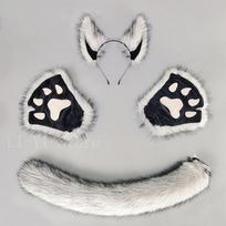 Halloween Werewolf Costume Set Fluffy Wolf Ears Headband Claw Gloves Tail Kit Faux Fur Scary Cosplay Party Costume Accessories as show gray