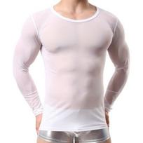 Yousheng Men Mesh Top Ultra Thin See-through O Neck Long Sleeves Solid Color Stretchy Slim Fit Party Homewear Dance Performance T-shirt M juoda