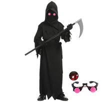Child Horror Red Eye Grim Reaper Costume Scythe Devil Darkseid Ghost Cosplay Suit Halloween Hooded Party Dress Gloves S(100-130CM) black
