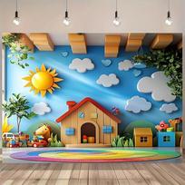 2D plokščias, 3D animacinis namas Saulė Debesys Žaislai Gobelenas Vaikų kambario dekoras Žaismingas darželio sienos menas Ryškus spalvingas foninis spaudinys 100X70CM blue