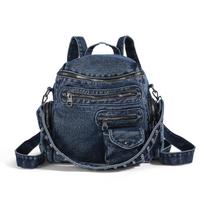 Schoolbag Washed Denim Cloth Backpack Rivet Shoulder Versatile College Student School Bag Class Commuter Backpack School Season (Black,30*13*30) juoda