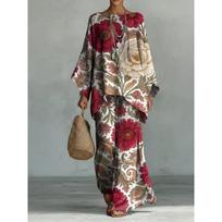 1116 European & American New Y1 Crew Neck Bat Sleeve Printed Set Bohemian Style Lazy and Casual S gray