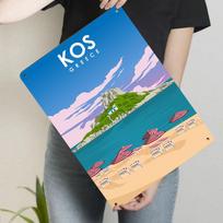 Kos Greece Travel Poster Metal Wall Art Mediterranean Landscape Decor with Beach Umbrella and Rock Mountain 20x30cm（7.8x11.8inch） gray