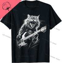 Rock Cat Playing Guitar Graphic TShirts Men's Clothing Short Sleeve Tops Cotton Tees Women's Printed T-Shirt S