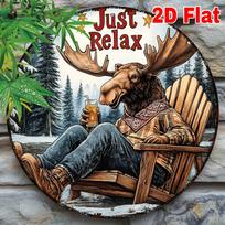 Just Relax Funny Moose in Plaid Shirt with Beer Round Metal Sign D Flat Printed Cabin Forest Art Tin Plaque Rustic Lodge 20x20cm(8x8inch) white