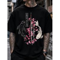 Men's Japanese Koi Fish And Katana Graphic Tee Oversized Short Sleeve Crew Neck Streetwear T-Shirt Soft Cotton Blend For Daily Wear S juoda