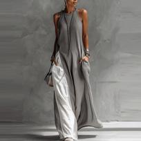 Women's Halter Sleeveless Maxi Dress Loose Fit Relax Waist Elegant Color Block Sundress S pilka spalva
