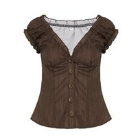 French elegant retro girl style striped fungus edge pleated slim top V-neck breasted casual fashion T-shirt women S