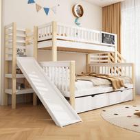 House Bed, Bunk Double Bed, with Stairs and Storage Cabinets, Slide and Small Blackboard, 140*200cm & 90*200cm, White(OLD SKU:N634P1941390123W) 303 x 148.5 x 155.5 cm