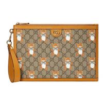 Gucci GG Supreme Canvas Teddy Bear Print Wristlet Clutch Bag With Brown Leather Trim For Unisex Luxury Daily Use Box(Basic Set+Box) gray