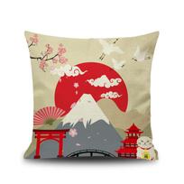 Fuji Mountain Retro Linen Cushion Cover - Ukiyo-e Inspired Japanese Fabric Pillow 45X45cm without pillow insert