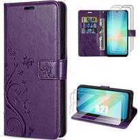 Case for Samsung Galaxy A27 5G, PU Leather Protection Purple Night Butterfly Pattern - 2 Tempered Glasses violetinė