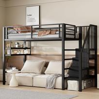 Loft Bed, 90*200cm, Shelves, Storage Ladder, Free Space Under the Bed for Dressing Up, Railing, Without Mattress, Black 255 x 95 x 160 cm juoda