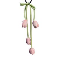 Sweet Tassels Tulip Hair Rope Cloth Bowknot Flower Hair Ring Hair Accessories Headdress Elastic HairBand Women rožinė