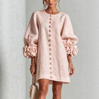 Moteriška lininė mini tunika su apvalia apykakle, pūstomis ilgomis rankovėmis, 3D gėlių rankogaliais, gėlių sagomis, laisvo kirpimo, elegantiška, boho, vasaros paplūdimio vakarėlio trumpa suknelė XS rožinė