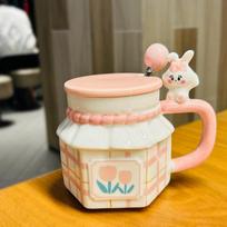 Rabbit Couple Tulip Cup Souvenir Birthday Gift Girl Office Water Cup Ceramic Mug with Cover 320ml white