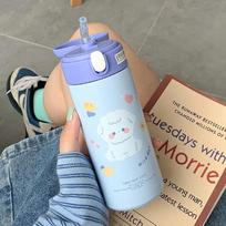 380 ml nerūdijančio plieno termosas vakuuminis kolba mielas animacinis terminio vandens butelis mergaitėms, izoliuoti šiaudų puodeliai, gertuvės 380ml white