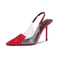 2025 Pointy High Heels With New Temperament Transparent Pvc Patent Leather Black Sexy Overhead Sandals Women'S Single Shoes 35 raudona