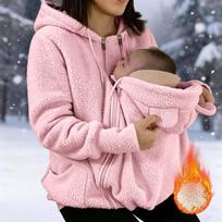 Moteriškas žieminis šiltas vilnos nėščiosios paltas su pilnu užtrauktuku, striukė kūdikiui nešioti, nėštumo drabužiai XL rožinė