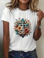 European sizes Women's Chic Letter Cross Floral Print T-Shirt Comfortable Fashion Casual Short Sleeve Round Neck Daily Wear Top S
