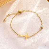 Stainless Steel Gold Color Cross Chain Bracelet for Women Shiny CZ Zircon Charm Hand Bracelet Wedding Jewelry Gift