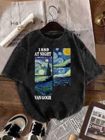 Van Gogh Starry Sky Oil Painting Tops Unisex and Women Same Sleeve Retro Washed Tshirt Summer Street Loose Round Neck Short Sleeve S įvairiaspalvis