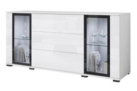 Display cabinet 150 cm with glass drawers, white matt/gloss with LED