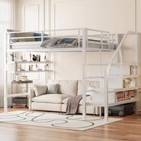 Loft Bed, 140*200cm, Shelves, Storage Ladder, Free Space Under the Bed for Dressing Up, Railing, without Mattress, White 255 x 145 x 160 cm balta
