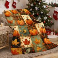Ultra-Soft Plush Flannel Blanket Suitable for - Cozy Bedspread - Autumn Pumpkin Maple Leaf Throw in Warm Orange Red Yellow Green Brown Beige - Bedspre 75X95CM
