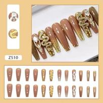 24Pcs Long Coffin Brown Press On Nails With Rhinestones And Glue Full Cover Fake Nail Tips