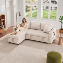 Sofa bed with sleep function, L-shaped sofa, chaise longue with storage space, with pocket storage, left and right interchangeable. Beige. 219.5 x 142.5 x 83 cm smėlis