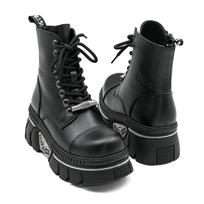 New Punk Women Platform Ankle Boots Female'S Rock Round Toe Lace Up Fashion Retro Chunky Shoes Metal Decor Short Boots 36 black