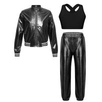 Girls Cross Back Vest Set Sleeveless Keyhole Long Sleeve Jacket Zipper Pants Hip Hop Dance Costume 5-6 Years