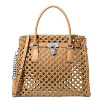 MICHAEL KORS Hamilton Handwoven Silver Hardware Polyurethane Crossbody Tote Large Women's Peanut sidabras