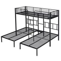 Iron Bed Triple Bed, Bunk with Ladder for Children and Teenagers, Fall Protection Rail Table, Black 90x200cm x 3 juoda