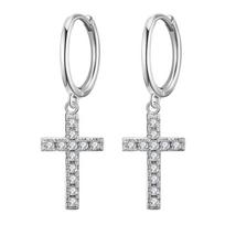 Women 925 Silver Cross Rhinestone Inlaid Hoop Dangle Earrings white