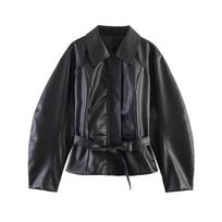 2026 summer new European and American cross-border women's clothing street fashion lapel imitation leather belt jacket w021 83053 XS black