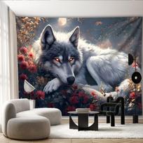 Majestic Wolf Tapestry Wall Hanging Red Eyes Moon Night Forest Floral Art Tapestry Boho Home Decor for Bedroom Living Room 100X70CM gray