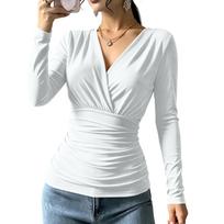 Women's Long Sleeve V-Neck Blouse with Cross Front and Ruched Waist for Fall Winter M