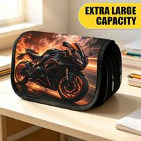 Double Layer Large Pencil Case, Vibrant Printed Pencil Pouch with Smoke Flame Sport Motorcycle Design, Fashion Storage Bag, Portable Pencil Case with 20x9x11cm