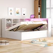 Sofa bed 90*200, with multiple socket and several storage compartments, light strip, hydraulic, solid wood, single, multifunctional wooden bed, white. 220.5 x 114.5 x 82 cm balta