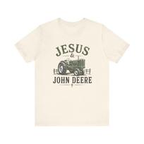 Jesus & John Deere Tractor T-Shirt and kids tshirt | Faith Farm Tractor Tee 120 gray
