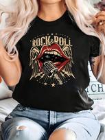 Women'S Vintage Rock  Roll Microphone Mouth Graphic Tee - Casual Crew Neck Short Sleeve T-Shirt Summer Fashion Allseason Top Y2K 3XL