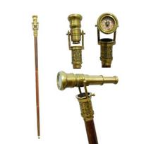 Brass Engraved Walking Cane Spyglass Telescope Compass, Steampunk Victorian Dollond London 1920 Replica brown